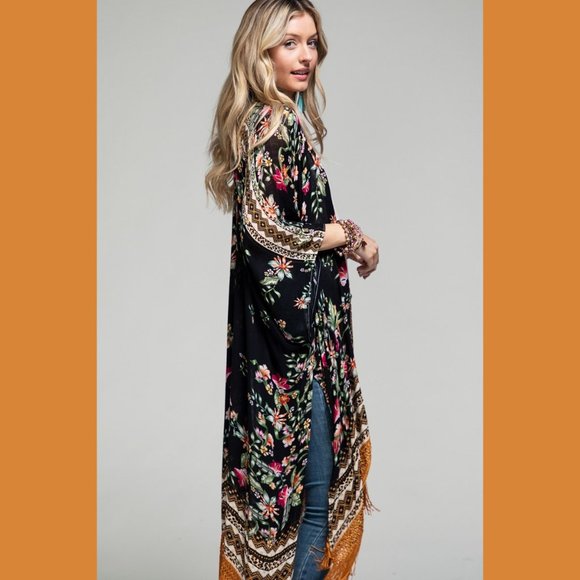 RESTOCK - Boho Floral Print Kimono Tassel Fringe Trim - Picture 6 of 8